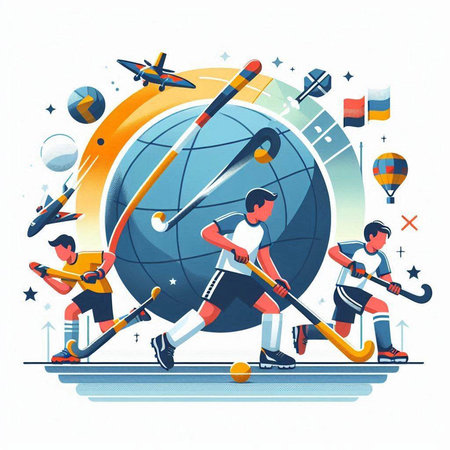 Vector illustration of a sportsman playing hockey with a ball and a globe.のイラスト素材