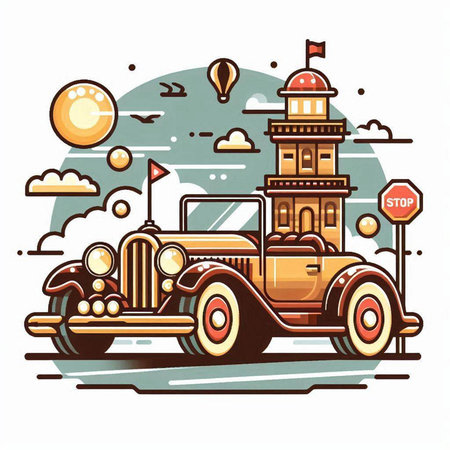 Vintage car on the road. Retro car. Vector illustration.のイラスト素材