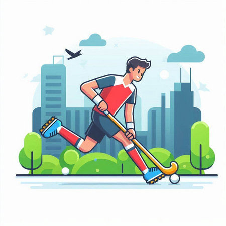 Young man playing hockey in the park. Vector illustration in cartoon styleのイラスト素材