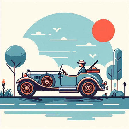 Retro car in the park. Vector illustration in retro style.のイラスト素材