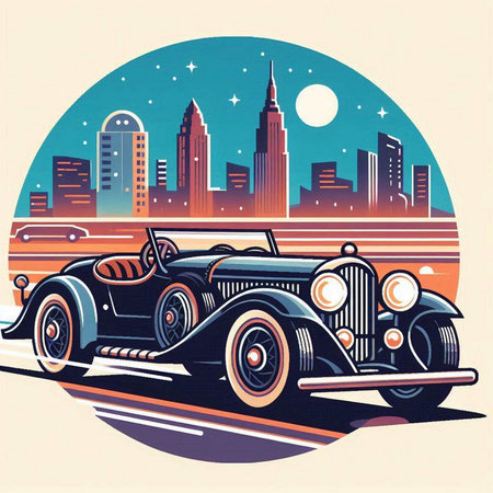Retro american car on the city street. Vector illustration.のイラスト素材