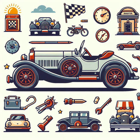 Set of vintage car icons in retro style. Hand drawn vector illustration.のイラスト素材