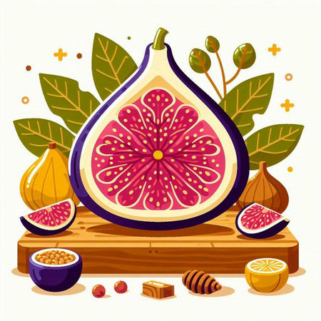 Figs, honey, walnuts, walnuts, honeycombs. Vector illustration.のイラスト素材