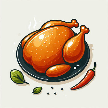 Roast chicken on a plate. Vector illustration of a cartoon style.のイラスト素材