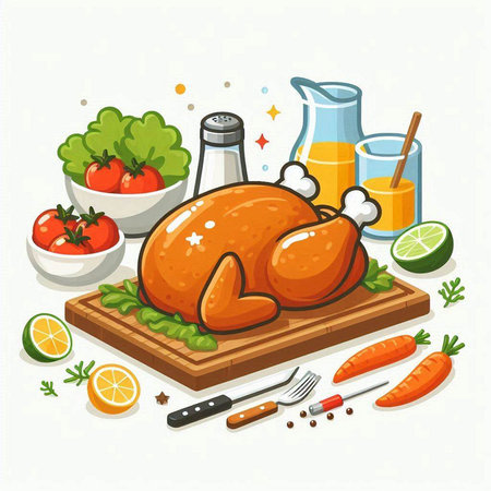 Roast chicken on wooden cutting board with ingredients. Vector illustration.のイラスト素材
