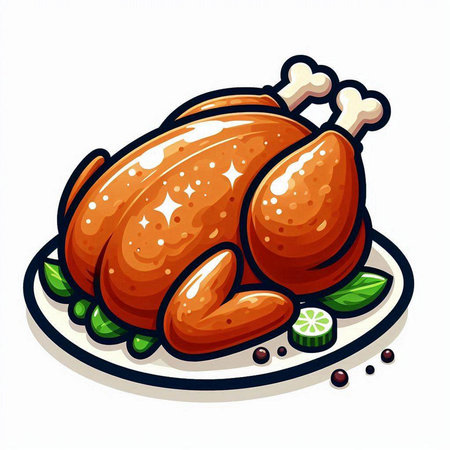 Illustration of a roasted turkey on a plate isolated on a white backgroundのイラスト素材