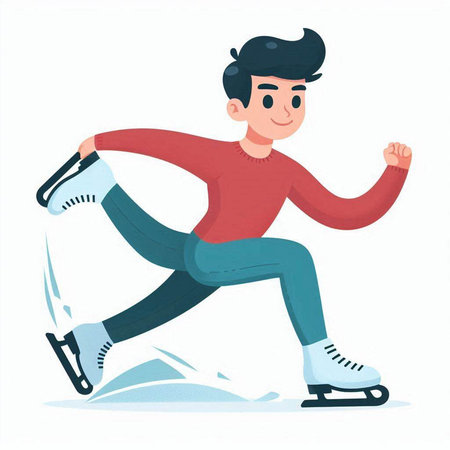 Young man skating on ice rink. Winter sport activity. Cartoon vector illustration.のイラスト素材