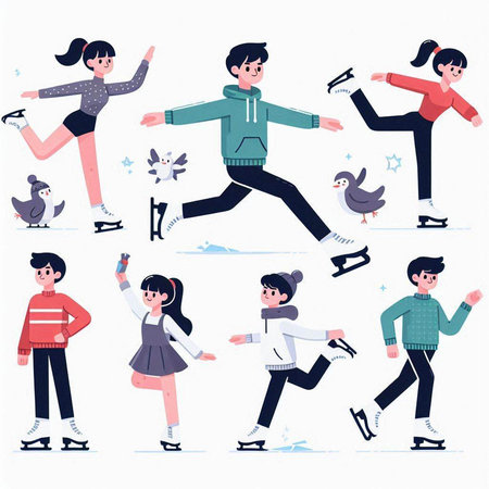 Set of people ice skating. Vector illustration in a flat style.のイラスト素材