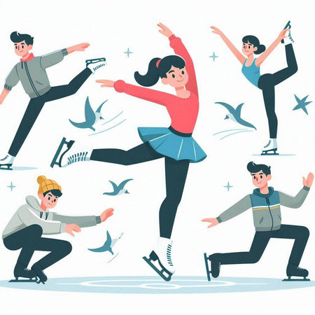 Figure skating. Young people ice skating. Vector illustration in cartoon style.のイラスト素材