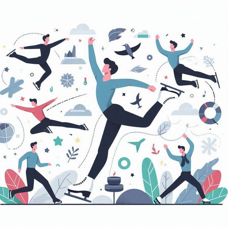 Vector illustration of business people running and jumping in the air. Flat style design.のイラスト素材