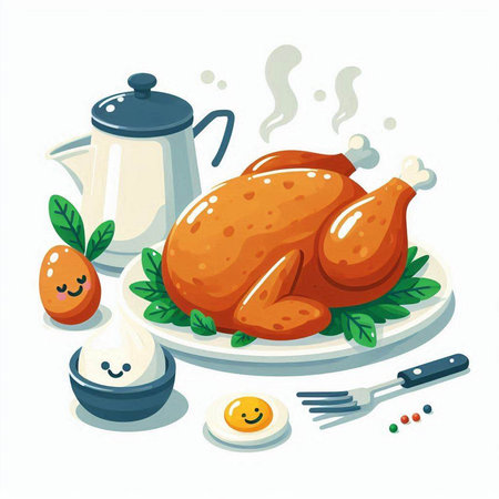 Vector illustration of roasted chicken with eggs and sauce on white background.のイラスト素材
