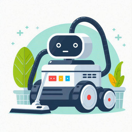 Robot vacuum cleaner cleaning the house. Flat style vector illustration.のイラスト素材