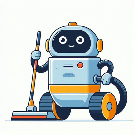 Cute cartoon robot with vacuum cleaner. Vector illustration isolated on white background.のイラスト素材