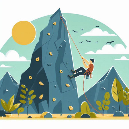 A man climbs the rock. Vector illustration in a flat style.のイラスト素材