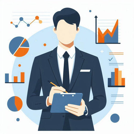 Businessman with a tablet in his hands. Vector illustration in flat styleのイラスト素材