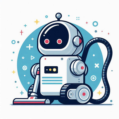 Robot with vacuum cleaner. Vector illustration in flat cartoon style.のイラスト素材