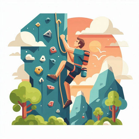 Climbing flat vector illustration. Young man climbing on a rock wall.のイラスト素材