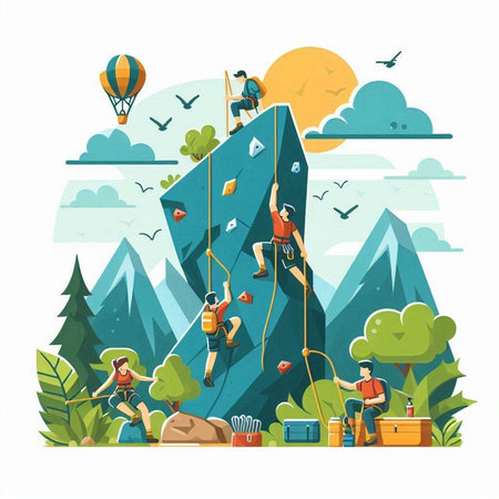 Mountaineering flat color vector illustration. Cartoon people climbing on rocks. Climbing conceptのイラスト素材