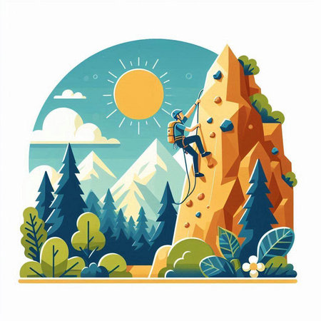 Climber climbs on the mountain. Flat design vector illustration.のイラスト素材
