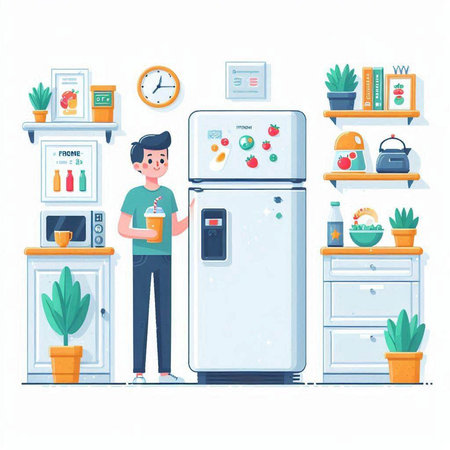 Man standing near fridge. Male character standing near fridge. Vector illustrationのイラスト素材