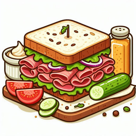 Sandwich with ham, cheese and vegetables. Vector illustration isolated on white background.のイラスト素材