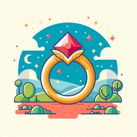 Wedding ring with diamond on the background of nature. Vector illustration.のイラスト素材