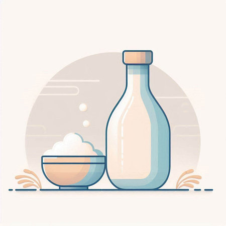 Milk in a glass bottle and a bowl. Vector illustration.のイラスト素材