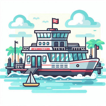 Ferry on the water. Vector illustration in flat cartoon style.のイラスト素材
