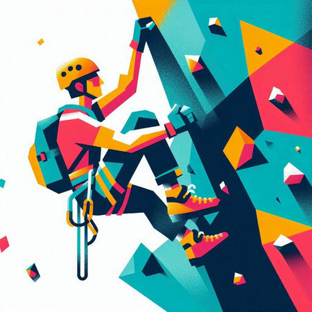 illustration of a climber climbing a wall in a colorful backgroundのイラスト素材