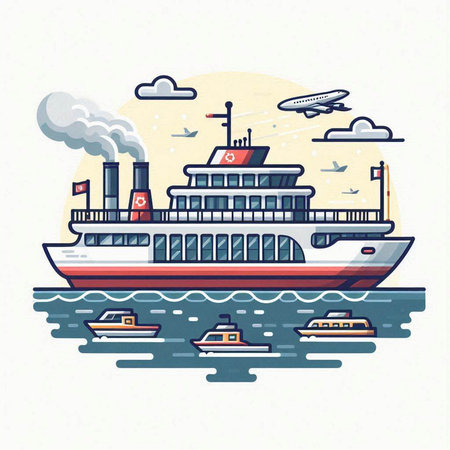 Cruise ship in the sea. Vector illustration in flat style.のイラスト素材