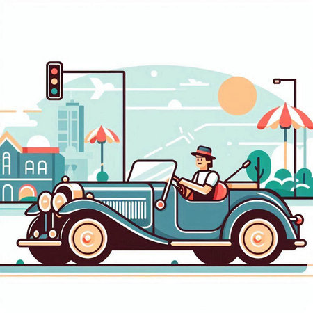 Retro car on the city street. Vector illustration in flat styleのイラスト素材