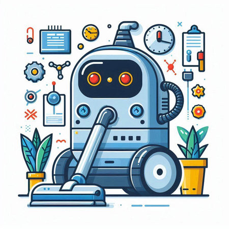 Robot vacuum cleaner. Artificial intelligence. Vector illustration in thin line style.のイラスト素材