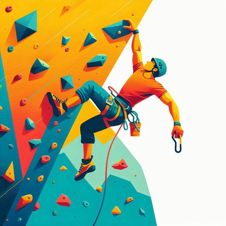 Male climber climbs a challenging route on a climbing wall. Vector illustration.のイラスト素材