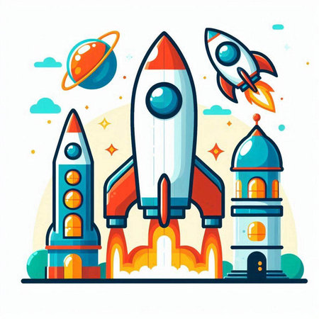 Space rocket launch. Vector illustration in flat style. Space exploration concept.のイラスト素材