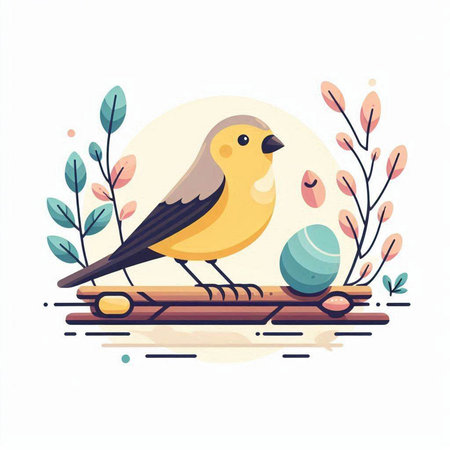 Vector illustration of a cute little bird sitting on a branch and holding a ball.のイラスト素材