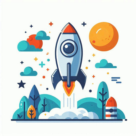 Rocket launch in the sky. Flat design vector illustration. Concept for web banner, website page and mobile app.のイラスト素材