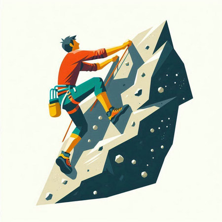 Male climber climbing on rock. Vector illustration in retro style.のイラスト素材