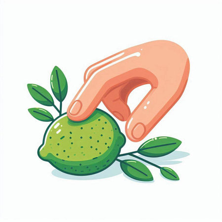 Hand holding lime fruit with leaves isolated on white background. Vector illustration.のイラスト素材