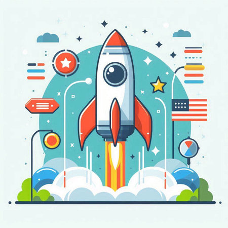 Rocket launch. Vector illustration in flat linear style. Concept for web banner, infographics.のイラスト素材