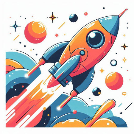 Cartoon rocket flying in outer space. Vector illustration in flat style.のイラスト素材
