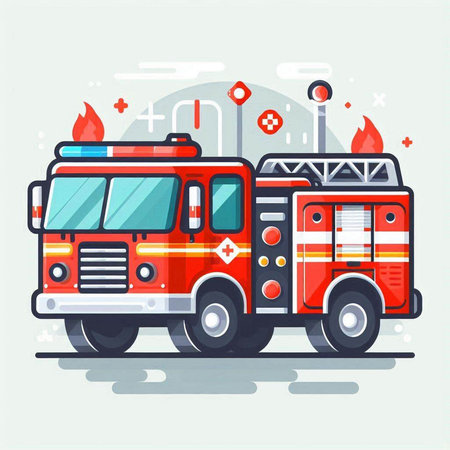 Fire truck. Flat style vector illustration. Emergency vehicle. Firefighters.のイラスト素材