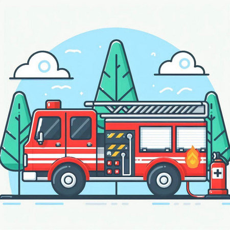 Fire truck on the background of the forest. Flat vector illustration.のイラスト素材