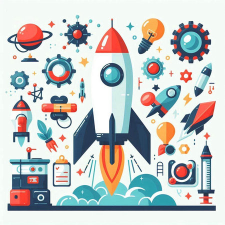 Startup concept. Flat design modern vector illustration with rocket, spaceship, rocket, spaceship and other elements.のイラスト素材