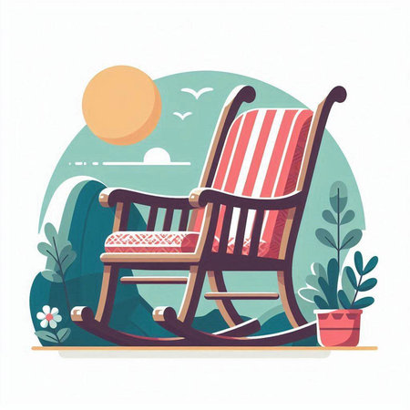 Wooden rocking chair in the garden. Vector illustration in flat styleのイラスト素材
