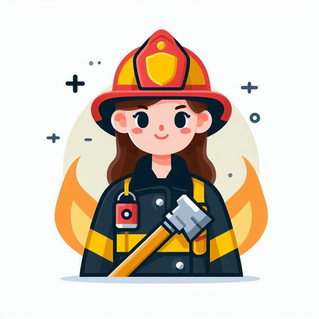 Cute little girl firefighter in uniform. Vector illustration in cartoon style.のイラスト素材