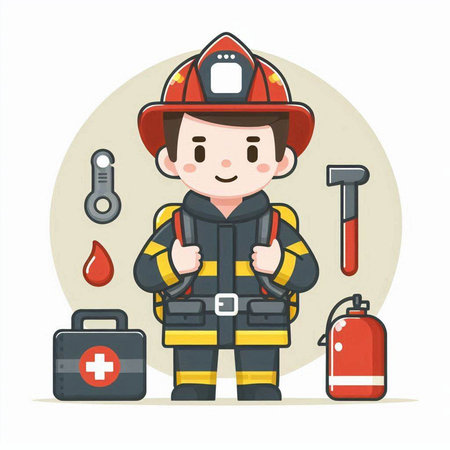 Firefighter with tools and equipment. Vector illustration in cartoon style.のイラスト素材