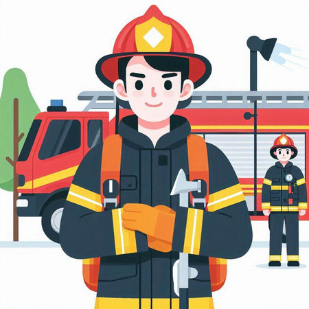 Fireman in uniform standing in front of fire station. Vector flat cartoon illustrationのイラスト素材