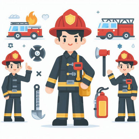 Fireman and fireman character vector illustration set. Flat cartoon firefighter and fireman characters.のイラスト素材