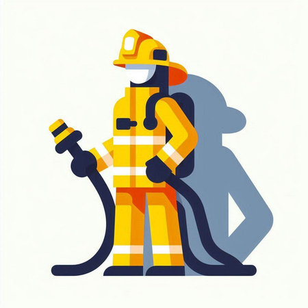 Firefighter with a hose. Flat style vector illustration on white background.のイラスト素材