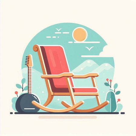 Vector illustration of rocking chair in flat style with landscape on background.のイラスト素材